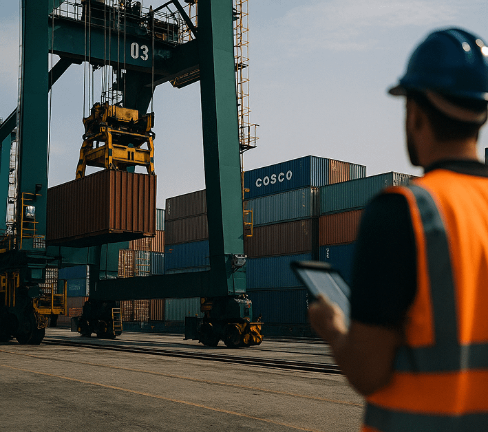 Shipping containers with worker in safety vest